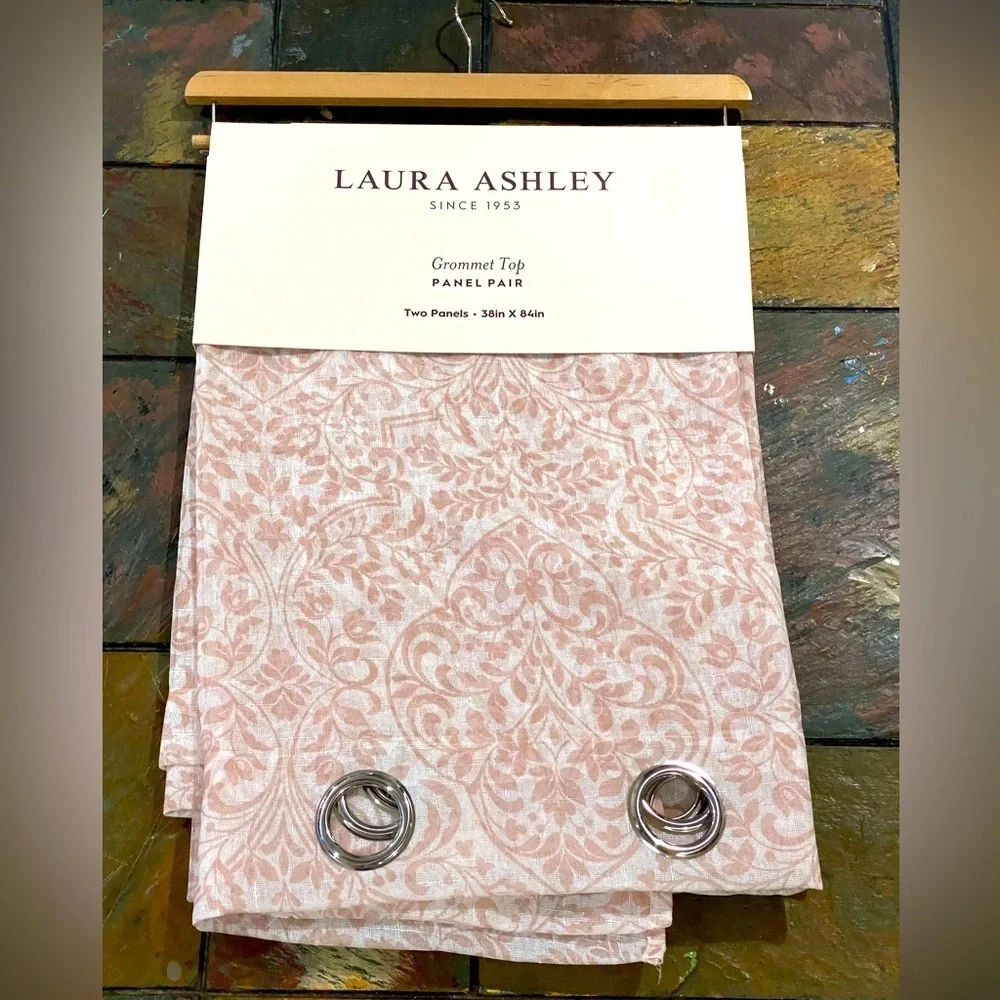 Laura Ashley Grommet Top Taupe White Floral Sheer Curtain Panel Pair 38